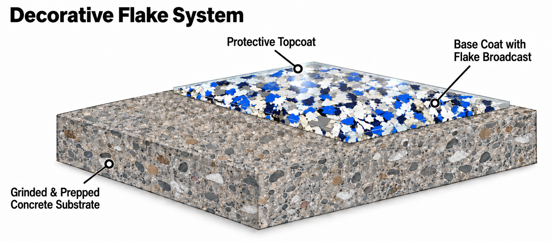 Decorative flake coating cross-section showing ground and prepped concrete substrate, basecoat with flake broadcast, and protective topcoat