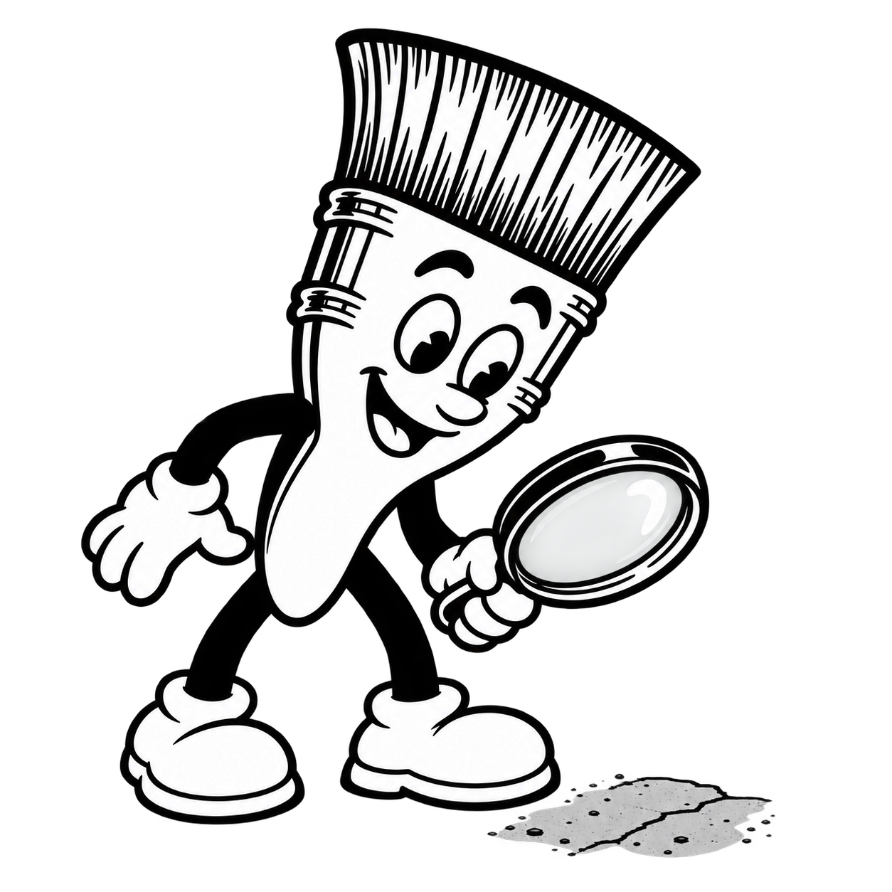 Our paintbrush mascot looking down through a magnifying glass to inspect concrete