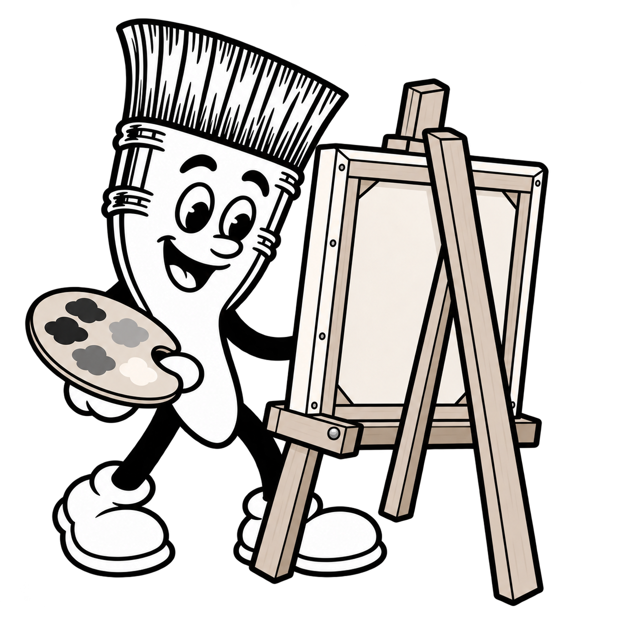 Our smiling paintbrush mascot standing behind an easel, with his painting arm hidden by the rear-facing canvas