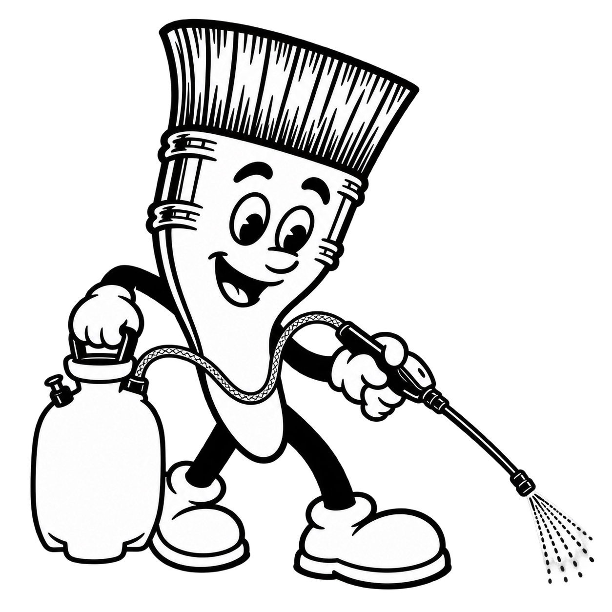 Our paintbrush mascot holding an unbranded pump sprayer